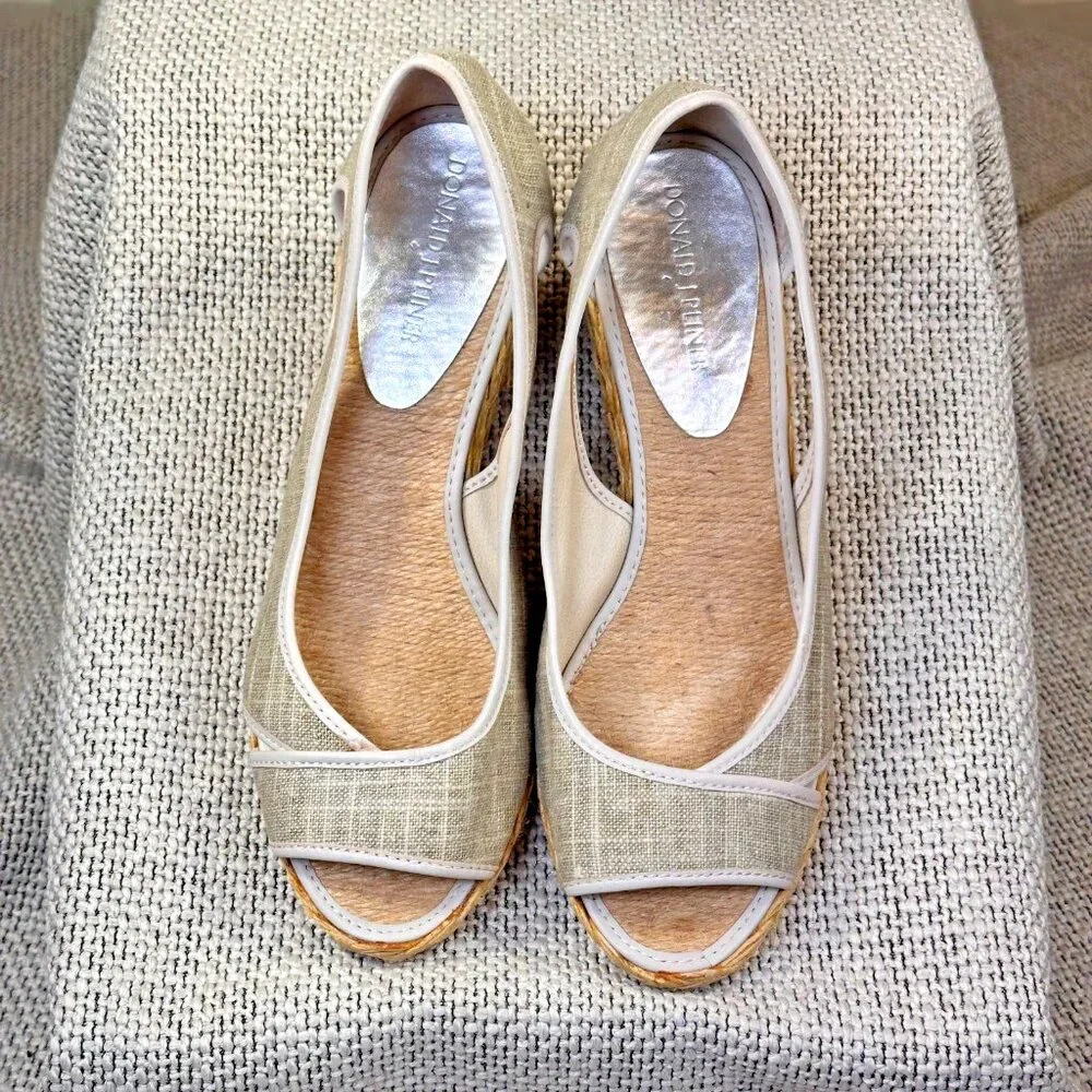 Donald J Pliner Coraa Taupe Linen‎ Peep Toe Rafia Wedge Espadrille Sandal Sz 7.5
